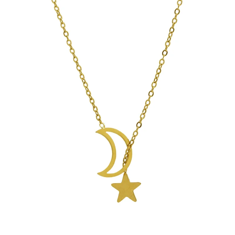 Silver Necklace with Pearls-Moon and Back Gold Necklace