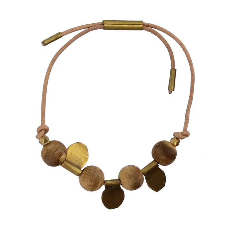 Charm Bracelet for Teenagers-Aga Bracelet with Brass and Agarwood Beads - Natural Leather