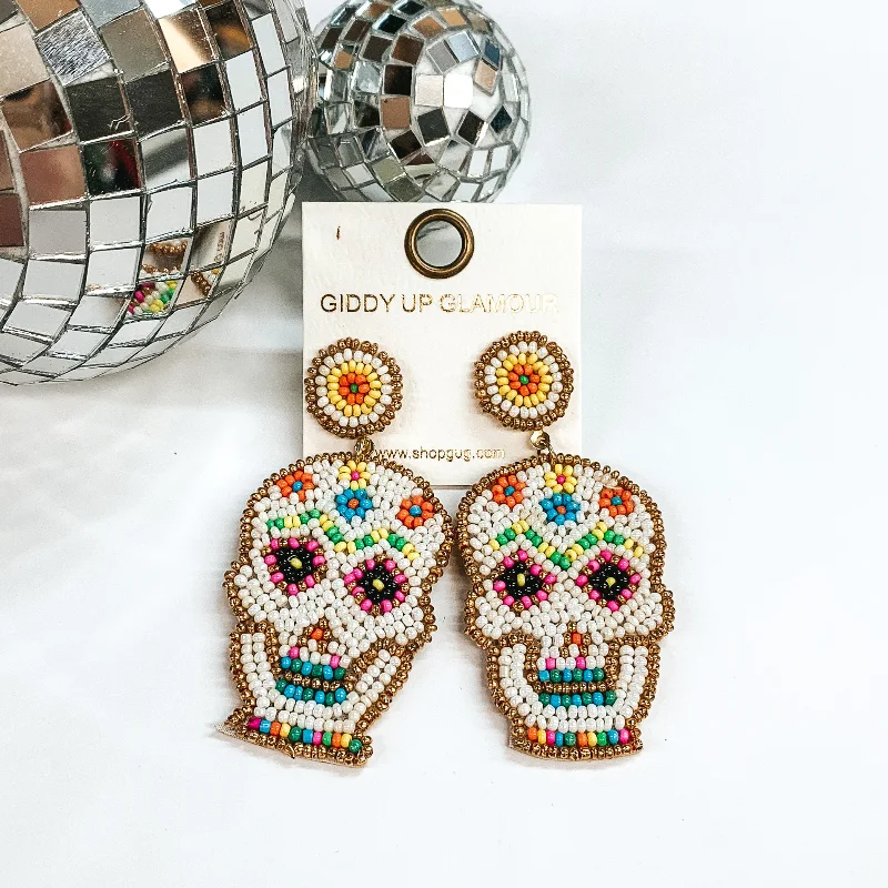 Casual Earrings for Women-Seedbeaded Sugar Skull Post Earrings in White