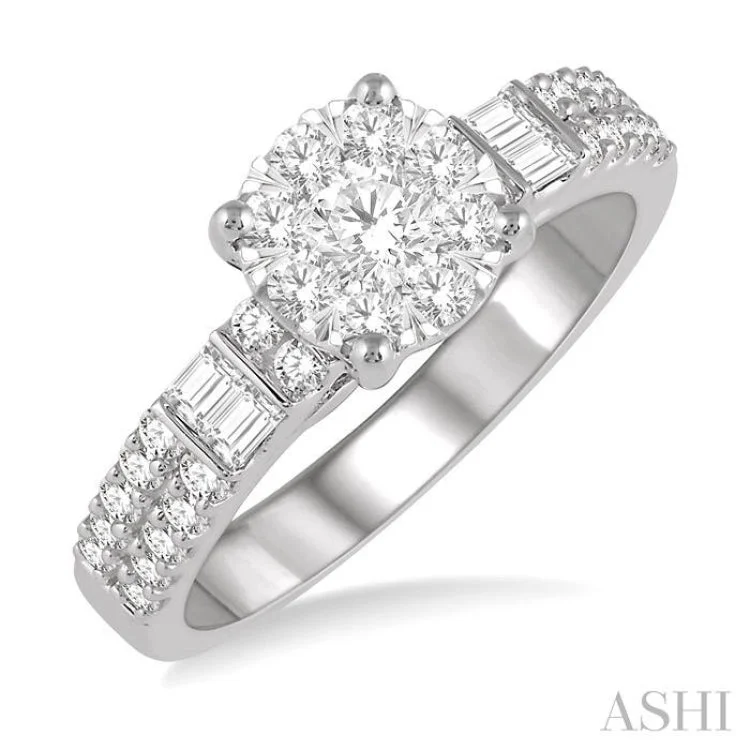 Designer Ring with Birthstone-7/8 ctw Round and Baguette Diamond Lovebright Engagement Ring in 14K White gold