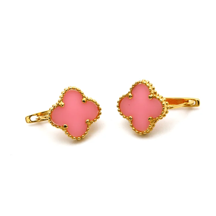 Ethnic Earrings for Women-Real Gold Pink Clover Clip Earring Set - Model GZJVN E1922