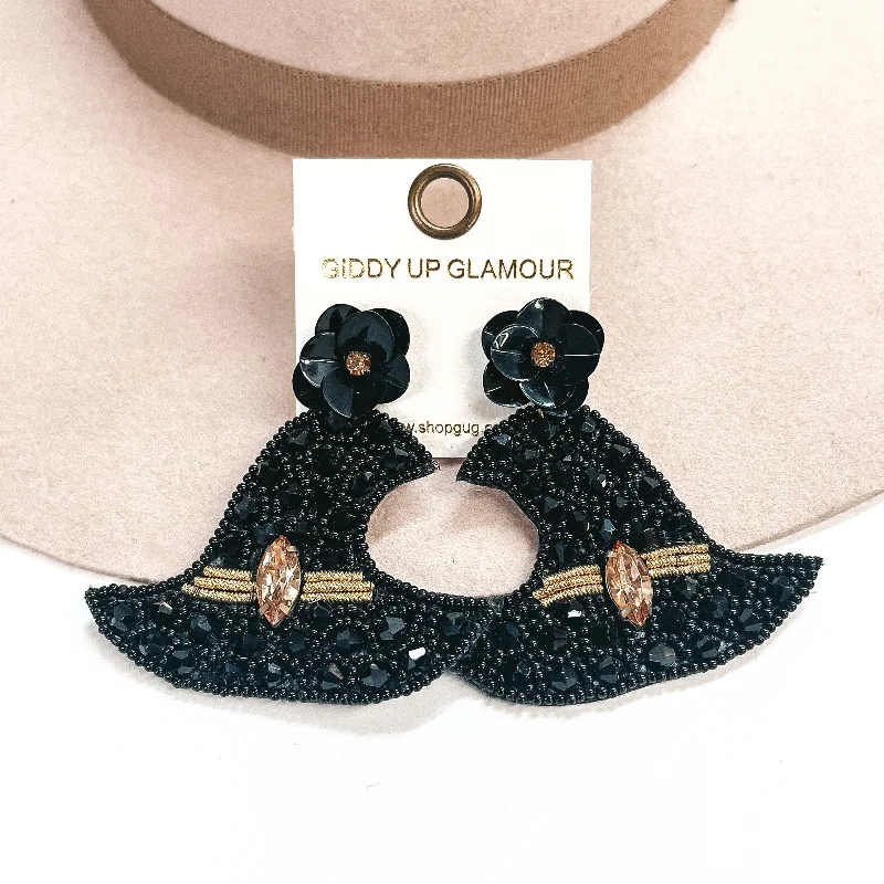 Unique Diamond Earrings-Witch Hat Post Earrings with Crystals in Black