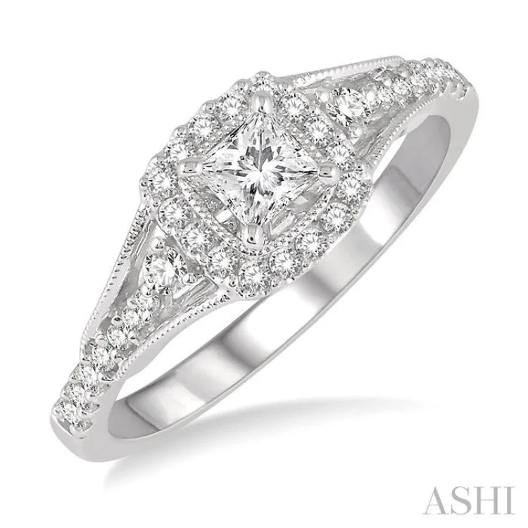 Elegant Custom Ring-1/2 ctw Diamond Engagement Ring with 1/5 ct Princess Cut Center Stone in 14K White Gold