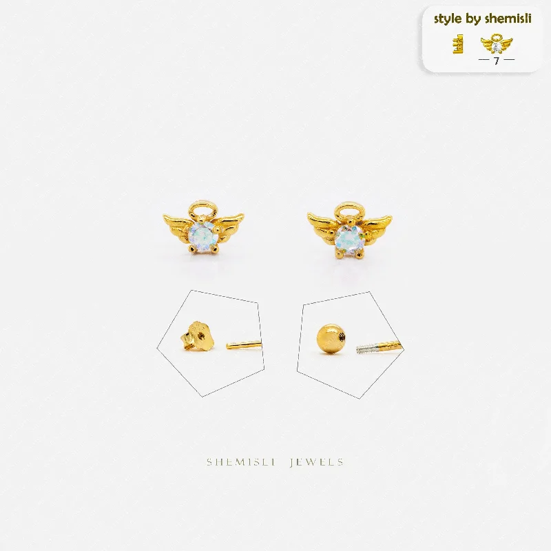 Gold Hoop Earrings-Tiny Angel Wing Halo With AB Stone Stud Earrings, Unisex, Gold, Silver SS841 Butterfly End, SS842 Screw Ball End (Type A)