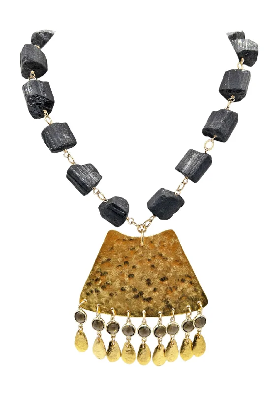 Luxury Wedding Necklace-Black Kyanite Gold Pendant Necklace