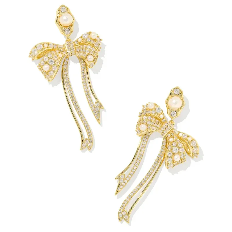 White Gold Earrings-Kendra Scott | Krista Gold Bow Statement Earrings in White Mix