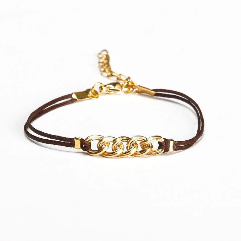 Charm Bracelet for Teenagers-Brown cord bracelet with a gold chunky chain