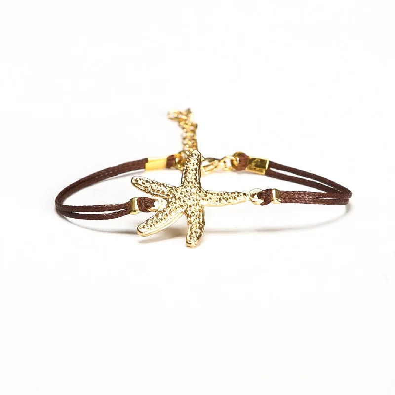 Bohemian Charm Bracelet-Gold starfish bracelet, brown cord, nautical jewelry