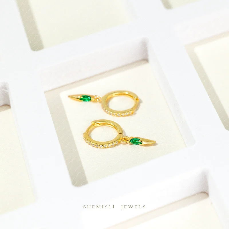 Unique Pearl Earrings-Spike Emerald CZ Hoop Earrings, Gold, Silver SHEMISLI SH372