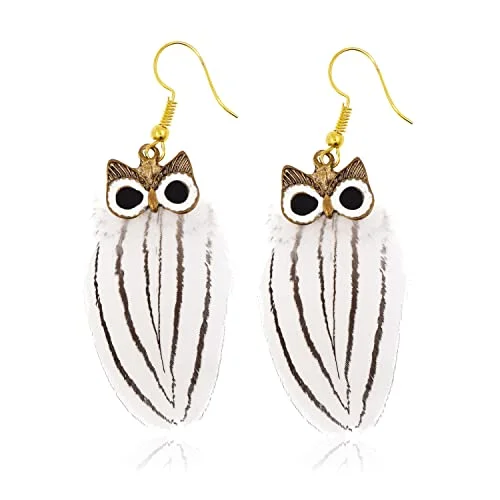 Small Hoop Earrings for Women-Mudra Crafts Boho Gold Owl Earrings for Women - Bohemian Earrings - Lightweight Feather Dangle Earrings Owl Feather Earrings for Girls