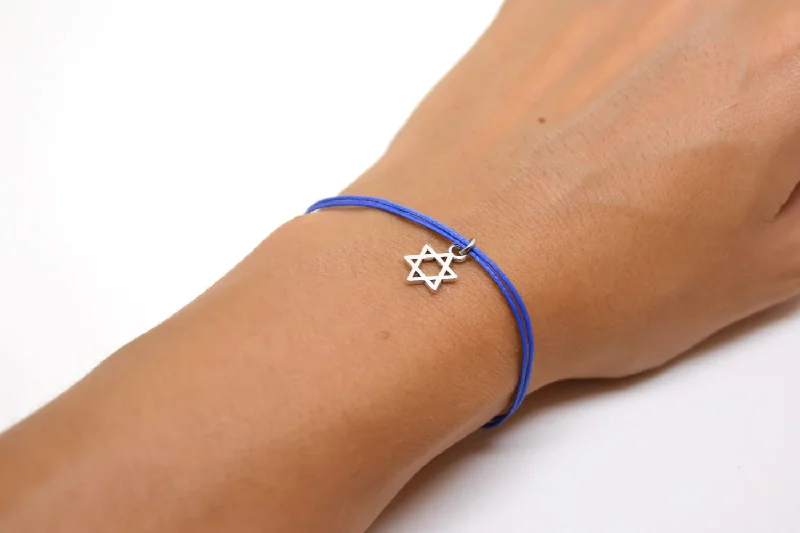 Elegant Crystal Bracelet for Weddings-Silver Star of David bracelet, blue cord, handmade Jewish gift for her