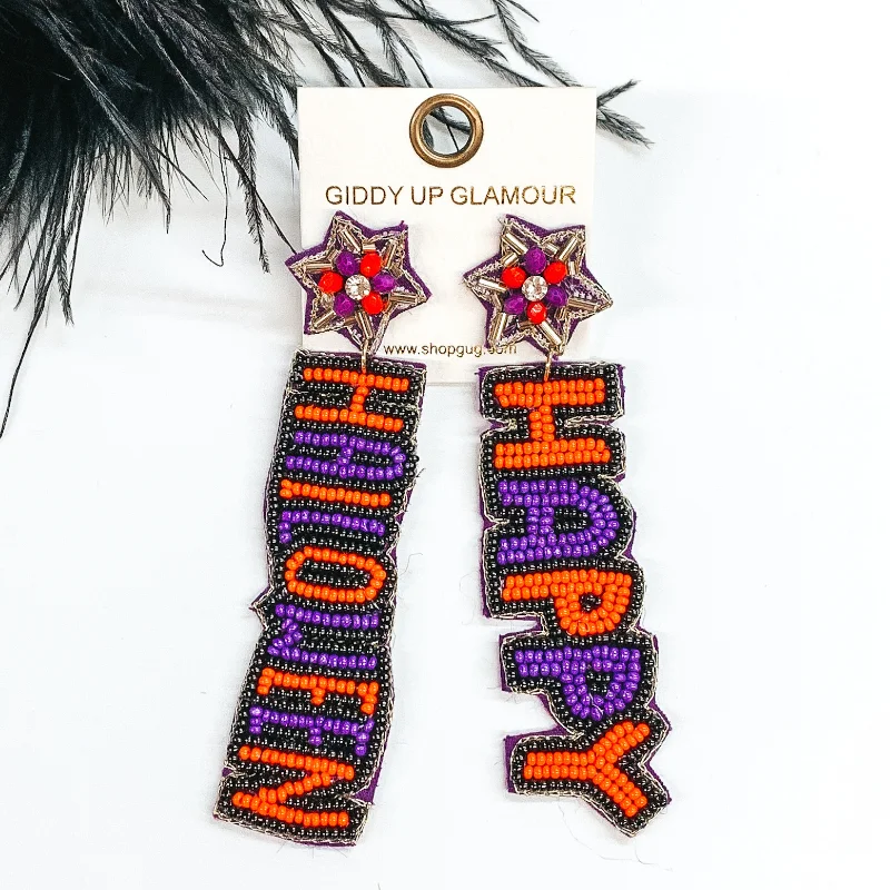 Elegant Gemstone Earrings-Happy Halloween Beaded Earrings in Orange and Purple