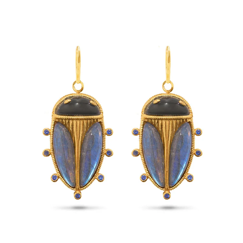 Custom Engraved Earrings-Scarab Petite Drop Earrings - Blue Labradorite/Black Agate