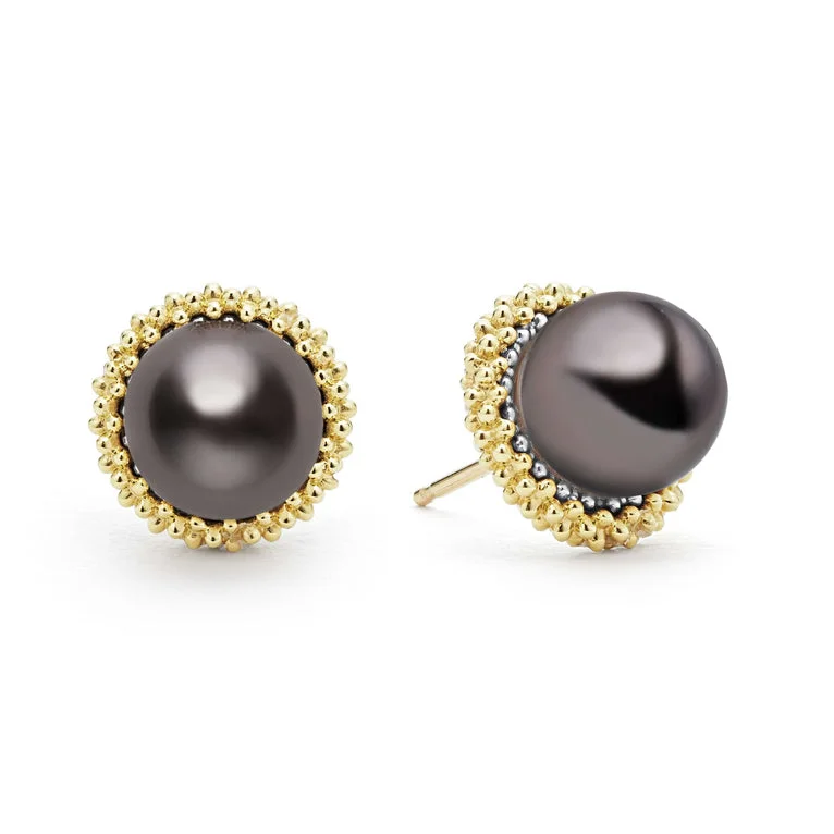 Geometric Earrings for Women-18K Gold Tahitian Black Pearl Stud Earrings