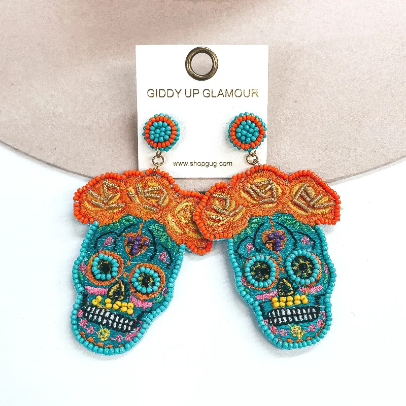 Cute Stud Earrings for Weddings-Memories Keep Us Alive Sugar Skull Post Earrings in Turquoise Blue