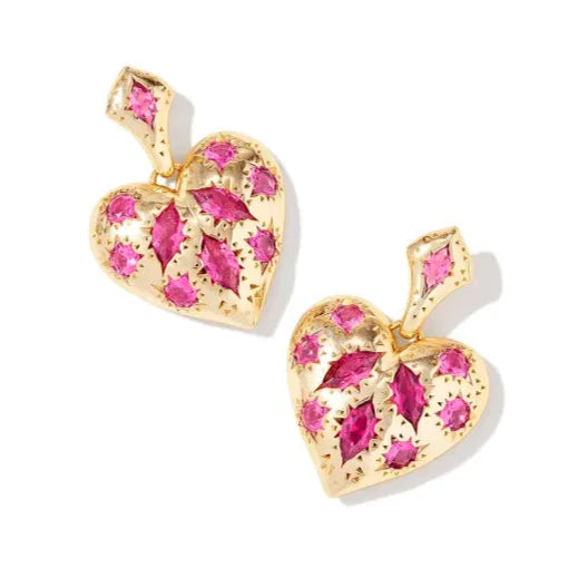 Large Stud Earrings-Kendra Scott | Holland gold Heart Drop Earrings in Pink Crystal