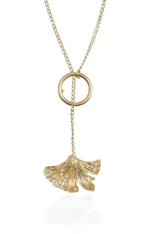 Boho Pendant Necklace-Ginkgo Hoop Lock Gold Plated Necklace w. Zirconia