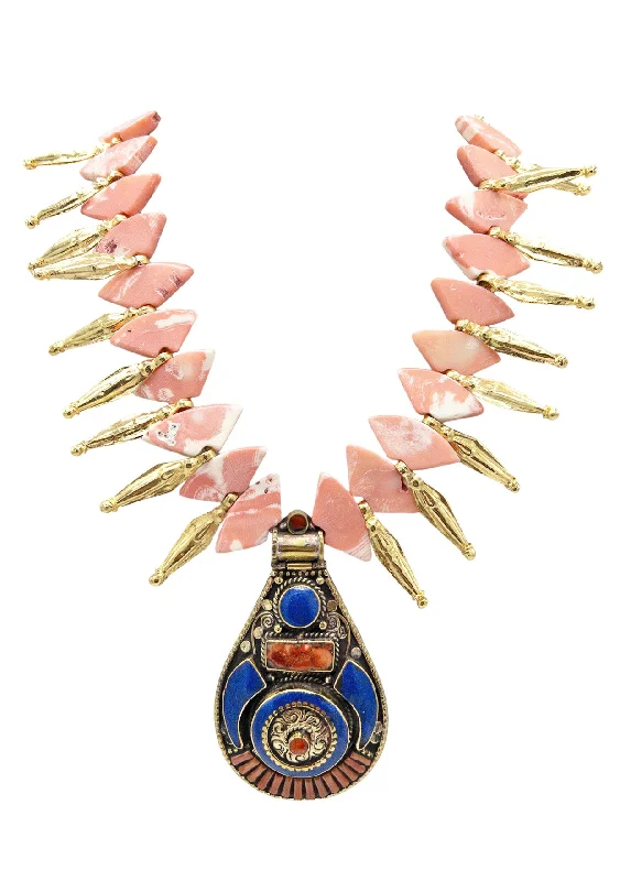 Silver Necklace with Crystal-Pink CORAL Gold Ethnic Pendant Statement Necklace