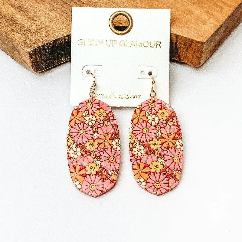 Classic Stud Earrings-Wooden Oval Drop Earrings with a Floral Print in Pink