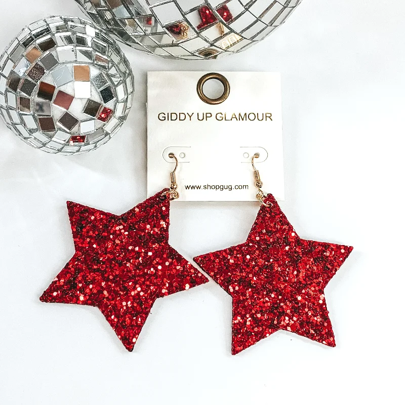 Luxury Drop Earrings for Weddings-Glitter Star Earrings in Red