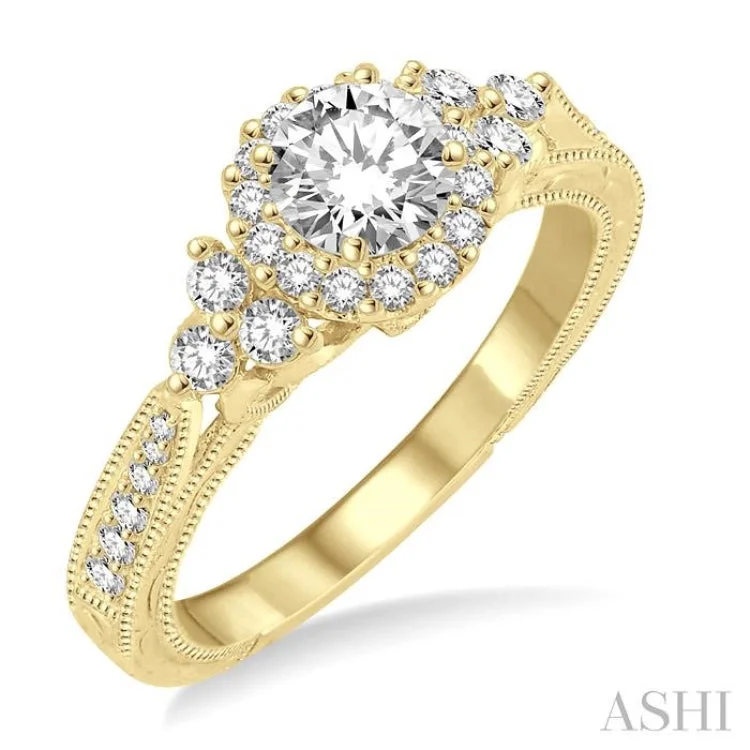 Designer Wedding Ring Set-3/4 ctw Diamond Engagement Ring with 1/4 ct Round Cut Center Stone in 14K Yellow Gold