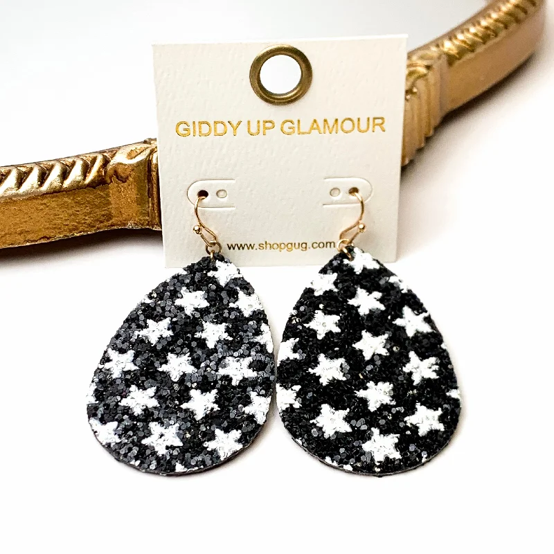 Custom Diamond Earrings-Star Spangled Teardrop Glitter Earrings with White Stars in Black