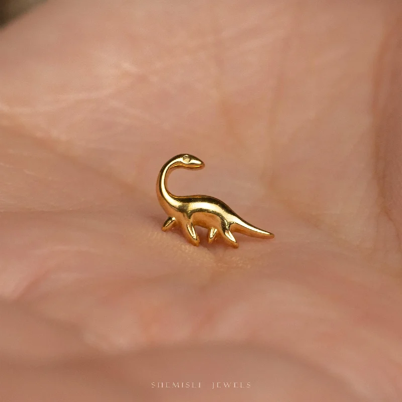 Rose Gold Earrings-Tiny Plesiosaurs Looking Back Threadless Flat Back Earrings, 20,18,16ga, 5-10mm Unisex, Surgical Steel SHEMISLI SS1318