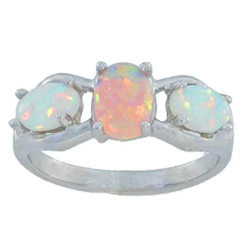 Silver Promise Ring-Pink Opal & White Opal Oval Ring .925 Sterling Silver