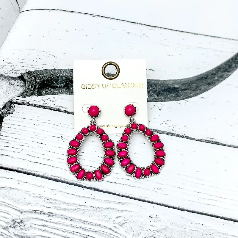 Classic Gold Stud Earrings-Small Circle Post Open Teardrop Earrings with Stones in Hot pink