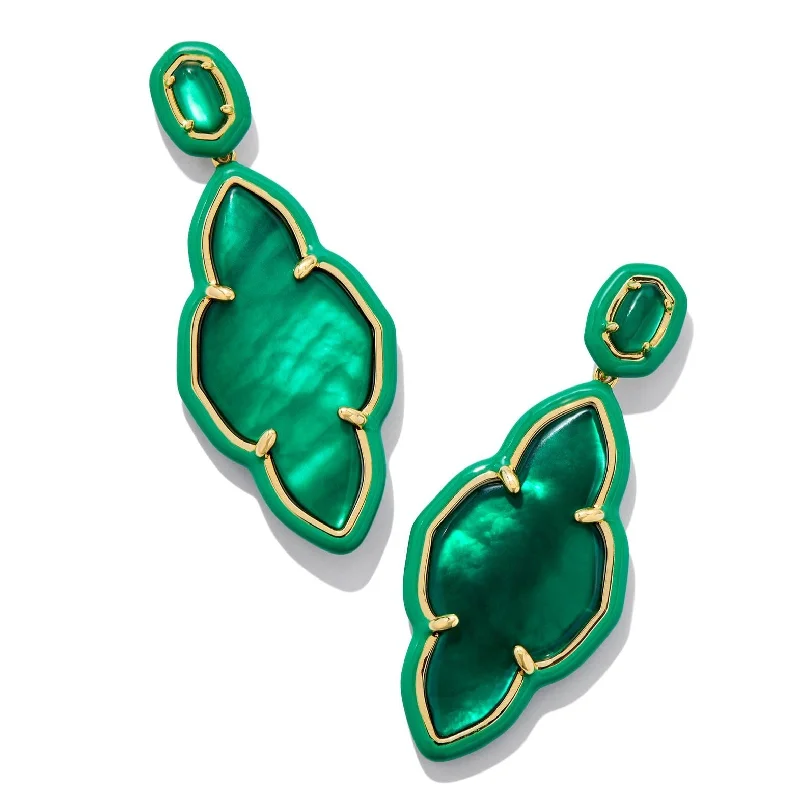 Cute Butterfly Earrings-Kendra Scott | Abbie Gold Enamel Frame Statement Earrings in Emerald Illusion