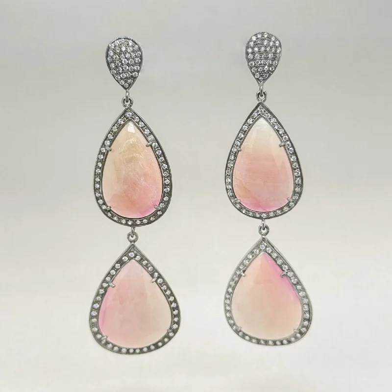 Customizable Earrings-SS Pink Corundum & White Topaz Double Drop Earrings