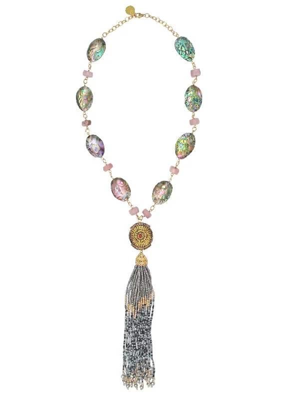 Colorful Crystal Necklace-Abalone Pink Opal Accent Gray Tassel Necklace