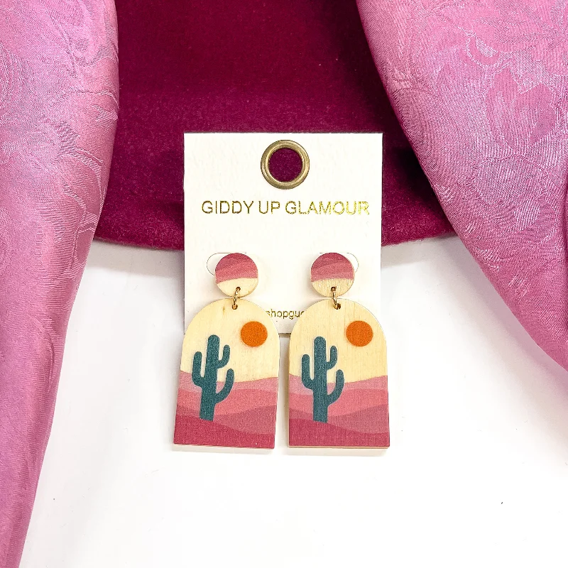 Stylish Dangle Earrings-Memories on Repeat Cactus Print Wood Post Earrings in Mauve Pink