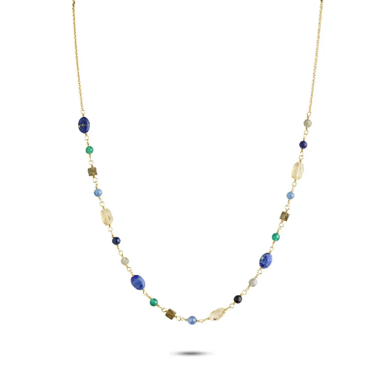 Vintage Pearl Necklace-Gem Candy Confidence 18K Gold Plated Necklace w. Laboradorite, Agate, Citrin, Kyanite & Lapis