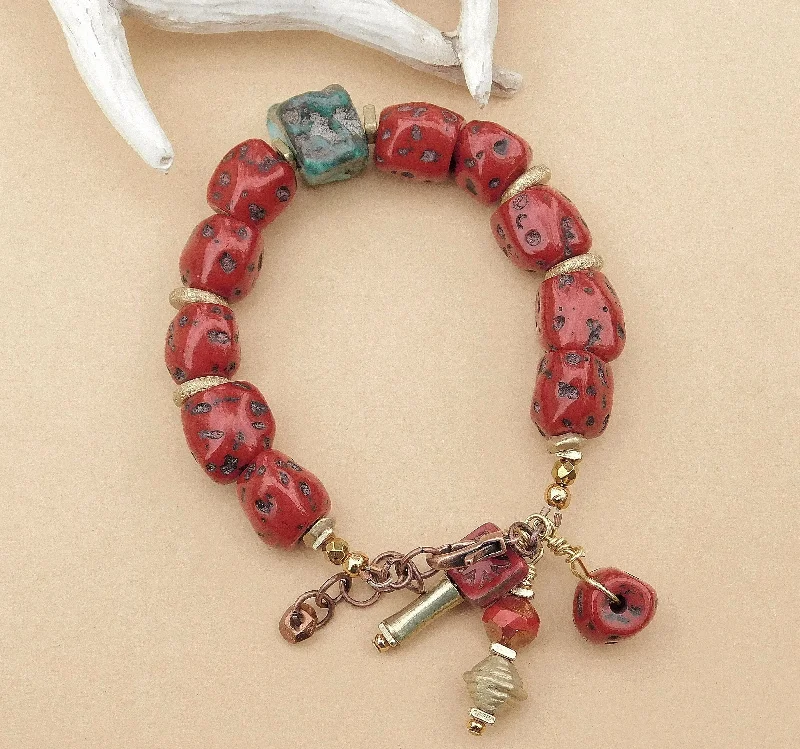 Personalized Gold Charm Bracelet-Speckled Cherry Red Nugget Resin Bead Bracelet