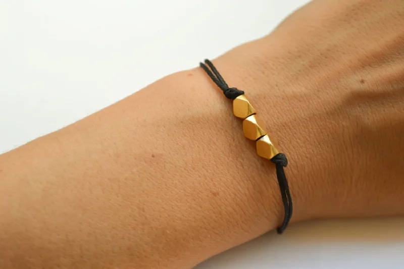 Fashionable Leather Bracelet-Gold nuggets beads bracelet. black cord, gift for her