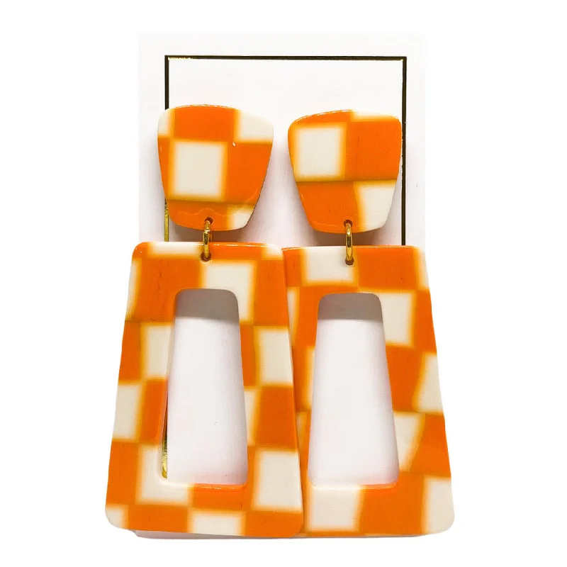 Modern Gold Earrings-Linny Co | Kennedy Rectangular Drop Earrings in Orange Checker