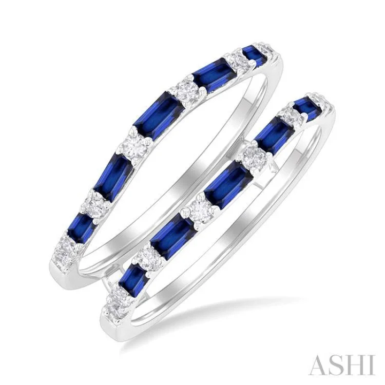 Unique Wedding Ring Set-2.1x1.4, 2.9x1.5 & 3.1x1.5 MM Baguette Cut Sapphire and 1/5 ctw Round Cut Diamond Precious Insert Ring in 14K White Gold