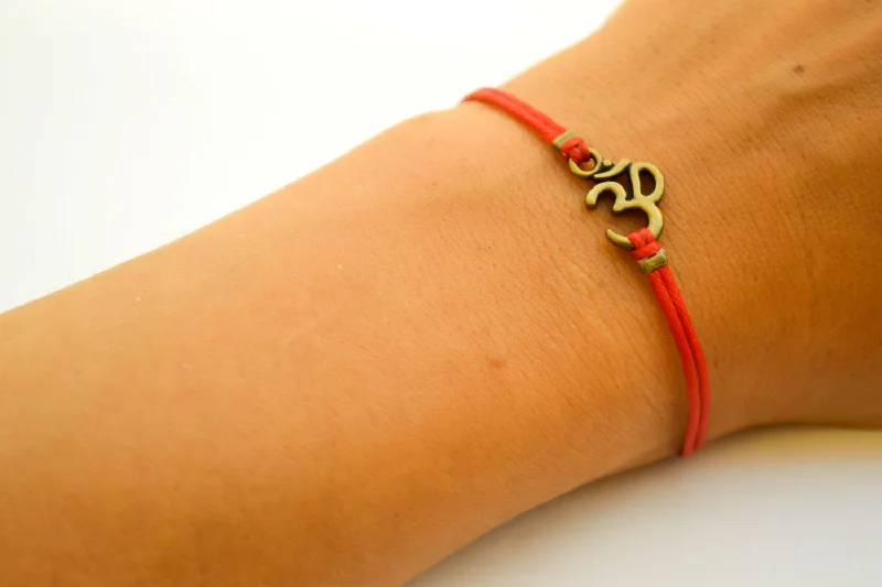 Custom Birthstone Bracelet-Red bracelet with bronze tone Om charm, yoga jewelry