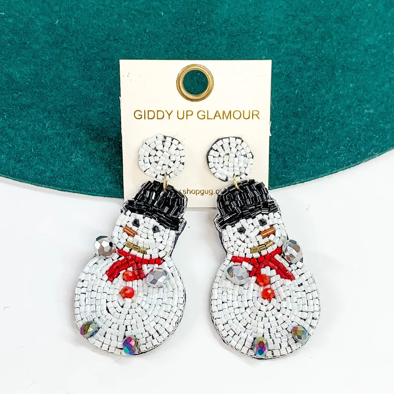 Wedding Earrings with Pearls-Beaded Snowman Earrings in White