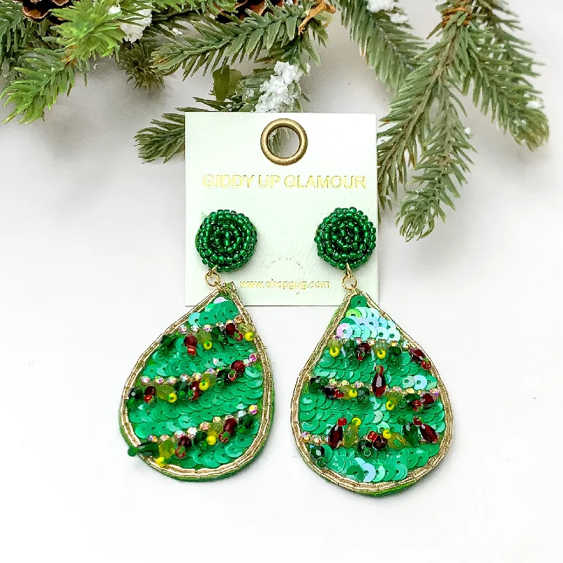 Wedding Earrings with Ruby-Sequin Beaded Teardrop Earrings with Beaded Tassels in Green