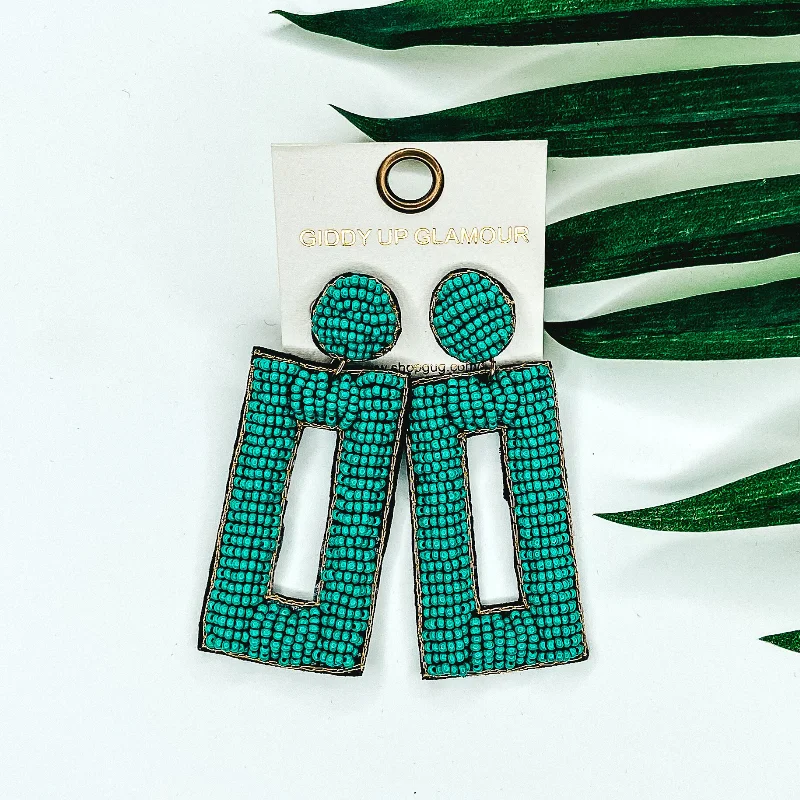 Designer Earrings for Special Occasions-Beaded Rectangle Drop Statement Earrings with Gold Trim in Turquoise