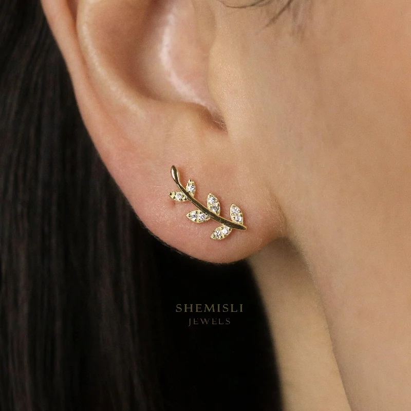 Elegant Earrings for Special Occasions-CZ Leaf Climber Earrings, Gold, Silver SHEMISLI - SS208 LR