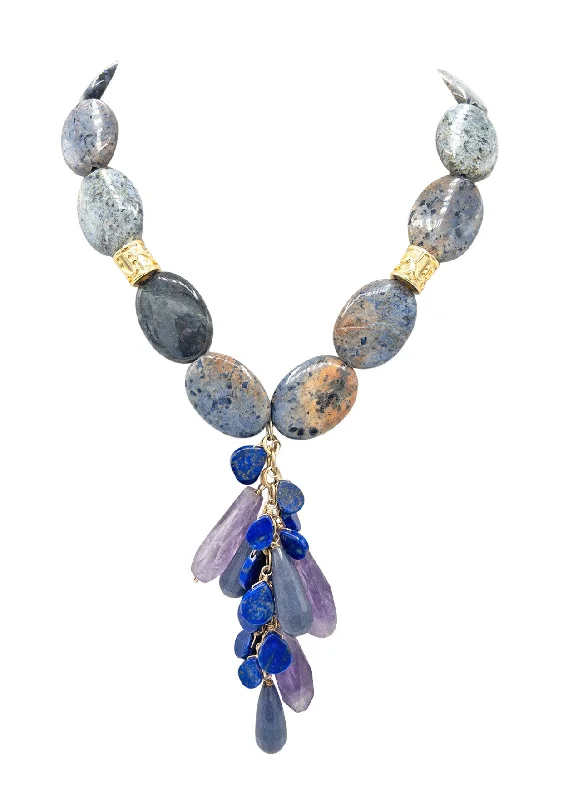 Elegant Heart Necklace-Denim Lapis Amethyst Cluster Pendant Necklace