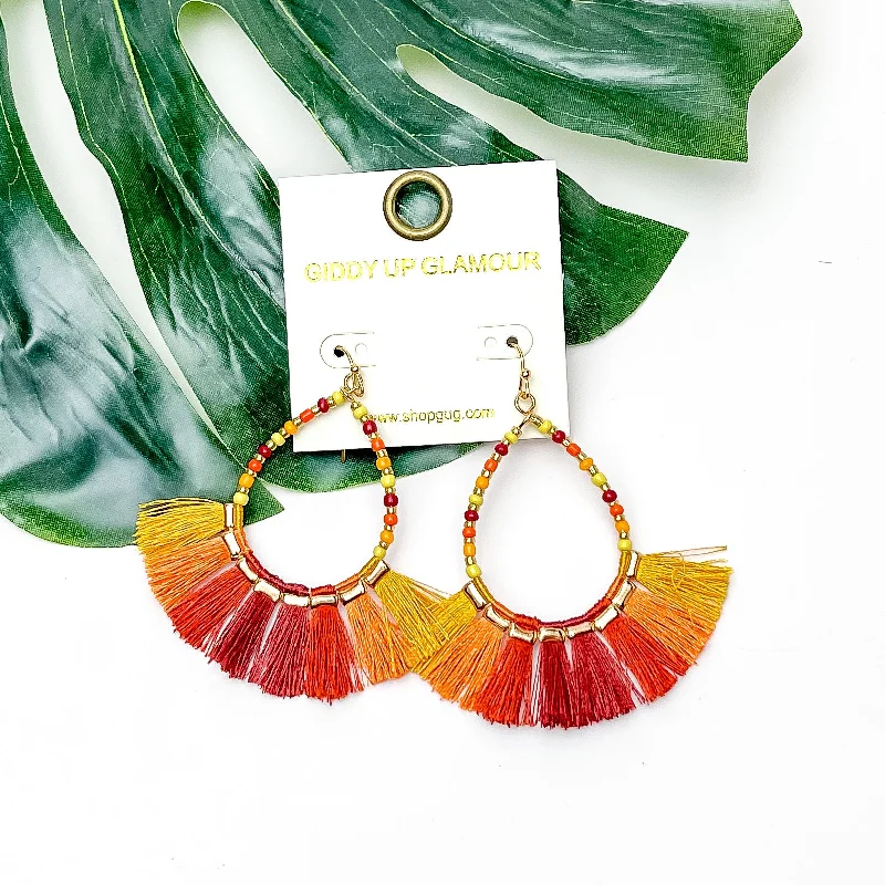 Artistic Drop Earrings-Beaded Open Teardrop Earrings With Fringe Bottom in Orange Tones