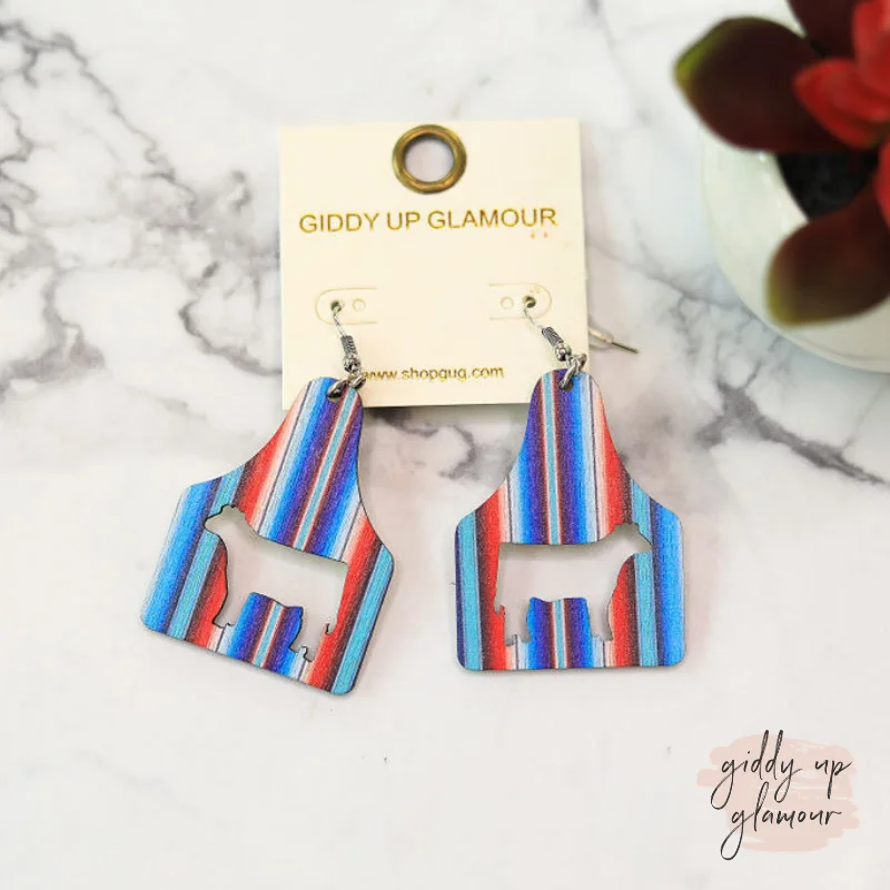 Unique Earrings for Bridesmaids-Cattle Tag Wooden Earrings in Blue Serape