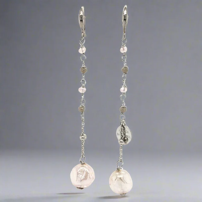 Trendy Silver Earrings-STST Long White Sparkle Shine Murano Glass Drop Earrings