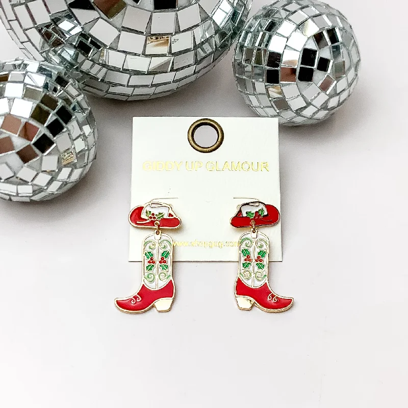 Luxury Drop Earrings-Christmas Cowboy Hat and Boot Drop Earrings in White and Red