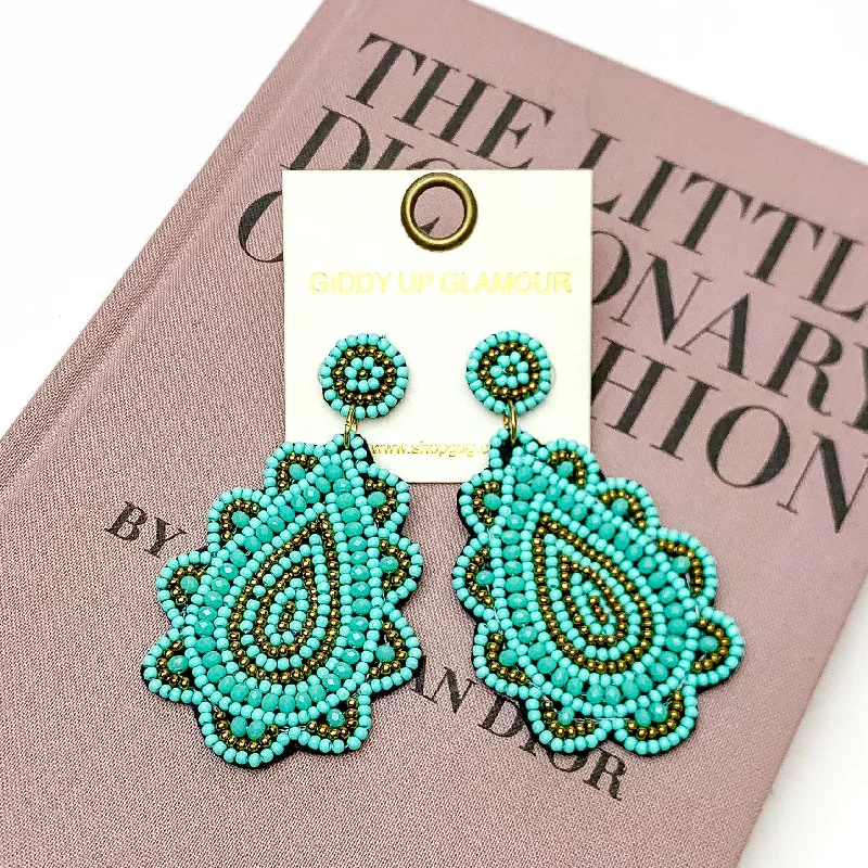 Dazzling Gold Earrings-Light Up The Night Seed Bead Teardrop Earrings in Turquoise Blue