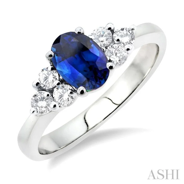 Luxury Diamond Ring-7x5mm Oval Cut Sapphire and 1/3 ctw Round Cut Diamond Ring in 14K White Gold